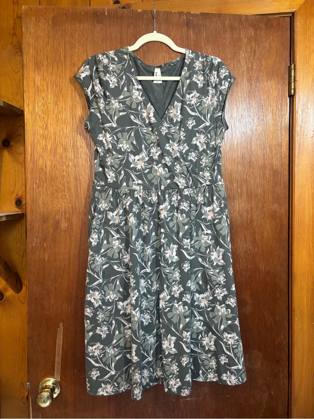Pact Wrap-Style Midi Dress in Gray with Pink Floral Print